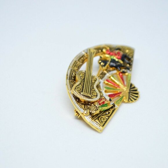 Damascene Enamel Fan Guitar Matador Scene Brooch - Picture 2 of 4